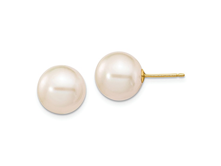 10k Yellow Gold 10-11mm White Round Freshwater Cultured Pearl Stud Earrings