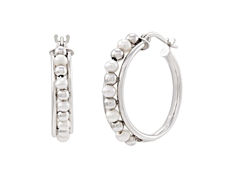 3-3.5mm Round White Freshwater Pearl and Sterling Silver Beaded Hoop Earrings