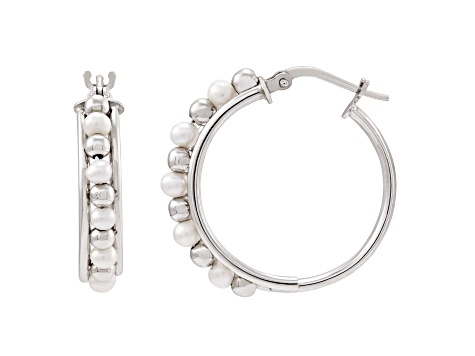 3-3.5mm Round White Freshwater Pearl and Sterling Silver Beaded Hoop Earrings