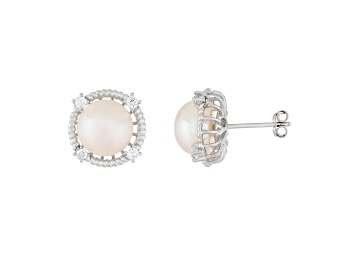 Picture of White Cultured Freshwater Pearl and CZ Rhodium Over Sterling Silver 9-10mm Button Earrings