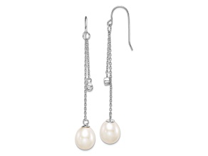 Rhodium Over Sterling Silver 9-10mm Freshwater Cultured Pearl and CZ Dangle Earrings
