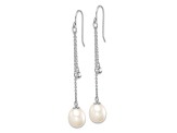 Rhodium Over Sterling Silver 9-10mm Freshwater Cultured Pearl and CZ Dangle Earrings