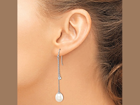 Rhodium Over Sterling Silver 9-10mm Freshwater Cultured Pearl and CZ Dangle Earrings