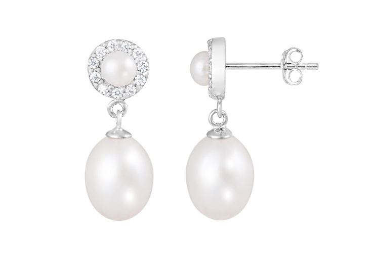 4-8.5 White Cultured Freshwater Pearl and Cubic Zirconia Rhodium Over Sterling Silver Earrings