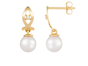 6-6.5mm Akoya Pearl and Diamond Accent 14K Yellow Gold Earrings, 0.08ctw