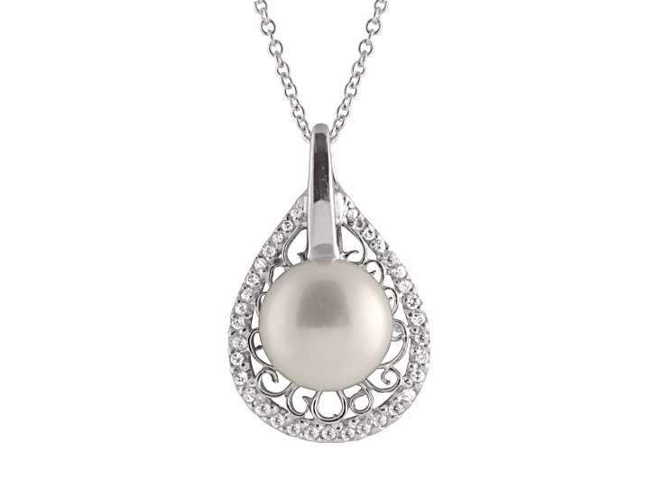 10-11mm Button White Cultured Freshwater Pearl and CZ Rhodium Over Sterling Silver Pendant