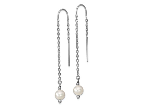Rhodium Over Sterling Silver  6-7mm White Freshwater Cultured Pearl Threader Earrings
