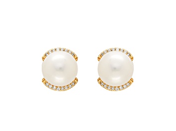 Picture of 8-8.5mm Round White Freshwater Pearl with 0.09ctw Diamond Accents 10K Yellow Gold Stud Earrings