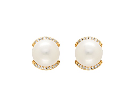 8-8.5mm Round White Freshwater Pearl with 0.09ctw Diamond Accents 10K Yellow Gold Stud Earrings