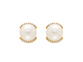 8-8.5mm Round White Freshwater Pearl with 0.09ctw Diamond Accents 10K Yellow Gold Stud Earrings