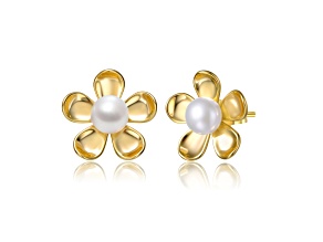 Freshwater Pearl, 14k Yellow Gold Plated over Sterling Silver Daisy Flower Stud Earrings