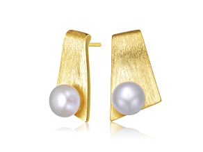 Genuine Freshwater Round Pearl, 14k Yellow Gold Plated over Sterling Silver Unique Earrings