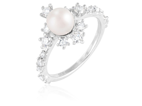 White Cultured Freshwater Pearl Rhodium Over Silver Ring