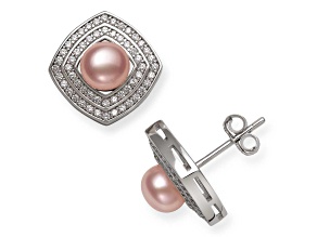 Pink Cultured Freshwater Pearl & Cubic Zirconia Rhodium Over Sterling Silver Earrings