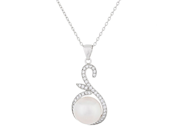 11-12mm Button White Cultured Freshwater Pearl and CZ Rhodium Over Sterling Silver Pendant