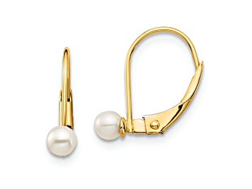 Picture of 14K Yellow Gold 3-4mm White Round Freshwater Cultured Pearl Leverback Earrings
