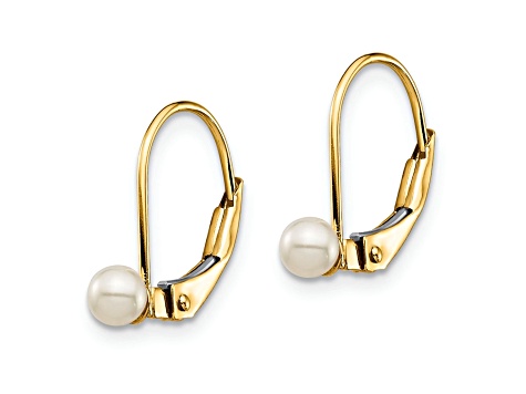 14K Yellow Gold 3-4mm White Round Freshwater Cultured Pearl Leverback Earrings