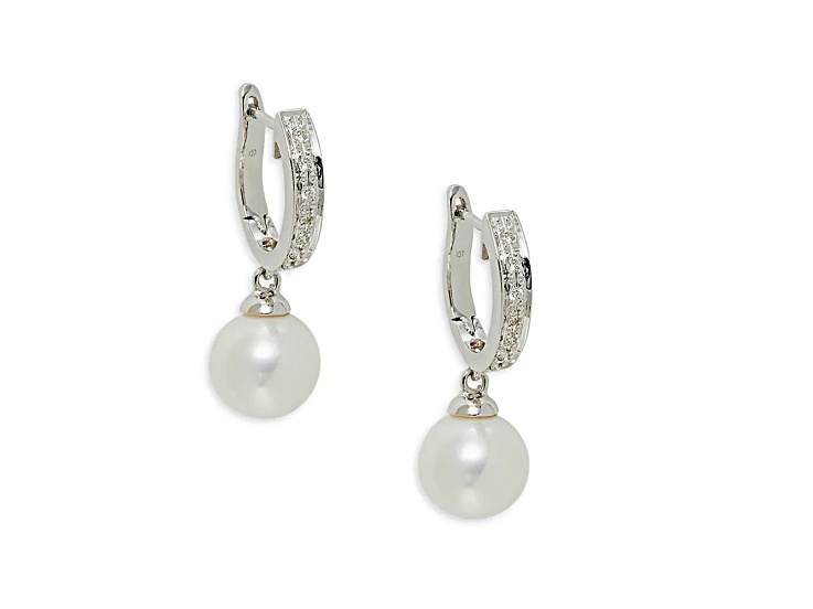 14KW Hoop Earrings  0.11 ctw  Diamond , White 9mm Cultured Pearl
