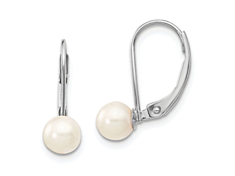 Rhodium Over 14K White Gold 5-6mm Round White Saltwater Akoya Pearl Leverback Earrings