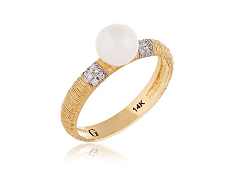 6-6.5mm White Cultured Freshwater Pearl 14K Yellow Gold Ring