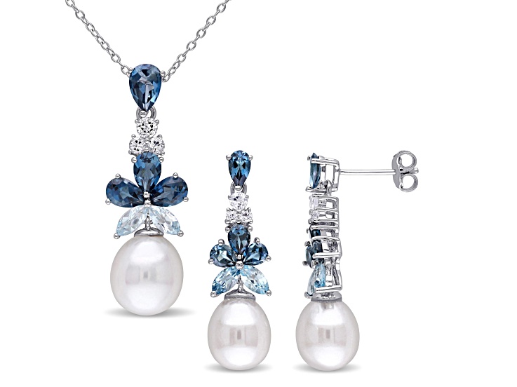 8.5-10MM Freshwater Cultured Pearl and Multigem Drop Earrings and Pendant Set in Sterling Silver
