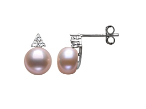Pink Cultured Freshwater Pearl & Lab Created Sapphire Rhodium Over Sterling Silver Earrings