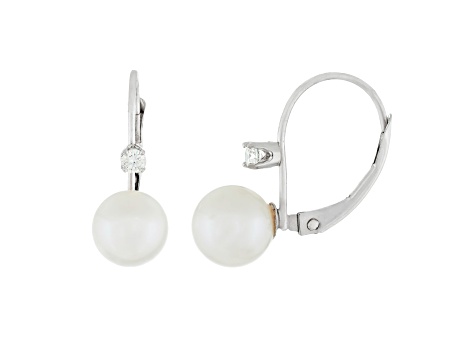 14k White Gold Leverback Earring with 7mm Akoya Pearl and .10CT DTW