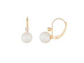 14k Yellow Gold Leverback Earring with 7mm Akoya Pearl and .10CT DTW