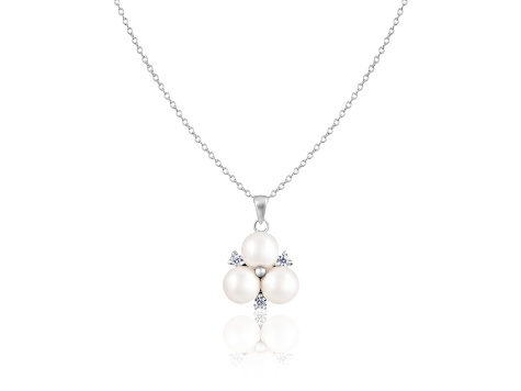 5-5.5mm Button White Cultured Freshwater Pearl and CZ Rhodium Over