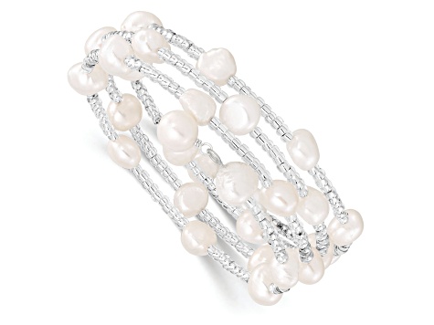 7-8mm White Baroque Freshwater Cultured Pearl and Glass Beaded Wrap Bracelet