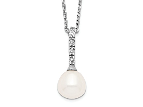 Rhodium Over Sterling Silver 7-8mm White Freshwater Cultured Pearl Cubic Zirconia Necklace