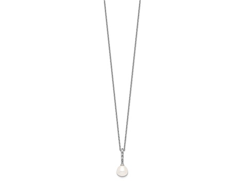 Rhodium Over Sterling Silver 7-8mm White Freshwater Cultured Pearl Cubic Zirconia Necklace