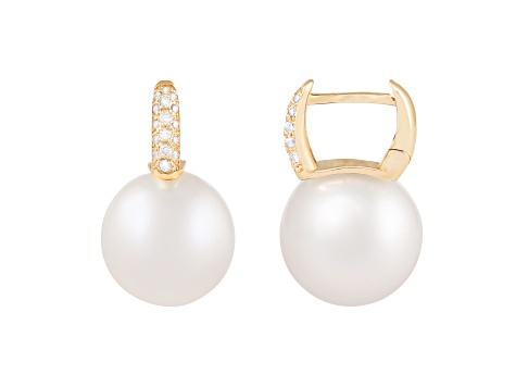 12-13mm White South Sea pearl earrings in 14k yellow gold with .17CT ...