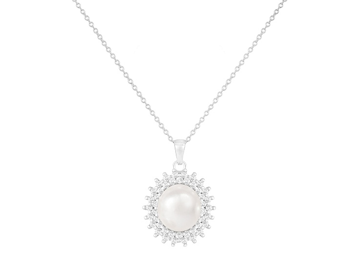 9-10mm Button White Cultured Freshwater Pearl and CZ Rhodium Over Sterling Silver Pendant