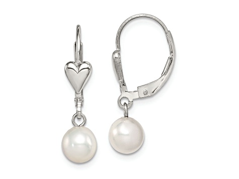 Rhodium Over Sterling Silver 6-7mm Freshwater Cultured Pearl Heart Leverback Dangle Earrings