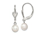 Rhodium Over Sterling Silver 6-7mm Freshwater Cultured Pearl Heart Leverback Dangle Earrings