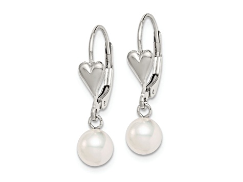 Rhodium Over Sterling Silver 6-7mm Freshwater Cultured Pearl Heart Leverback Dangle Earrings
