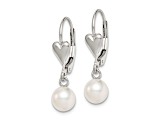 Rhodium Over Sterling Silver 6-7mm Freshwater Cultured Pearl Heart Leverback Dangle Earrings