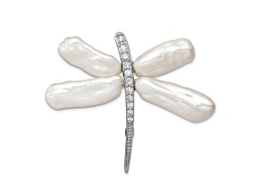 Rhodium Over Sterling Silver White Baroque Freshwater Pearl Cubic Zirconia Dragonfly Slide Pin
