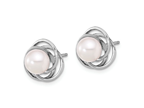 Rhodium Over 14K White Gold 6-7mm Round White Akoya Cultured Pearl Post Earrings