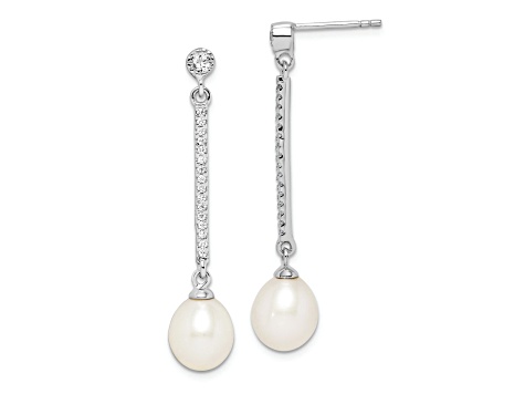 Rhodium Over Sterling Silver 8-9mm White Rice Freshwater Cultured Pearl CZ Earrings