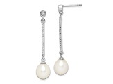 Rhodium Over Sterling Silver 8-9mm White Rice Freshwater Cultured Pearl CZ Earrings