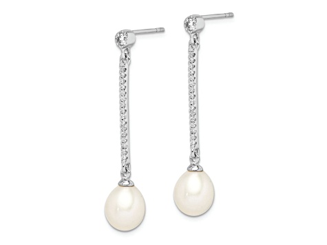 Rhodium Over Sterling Silver 8-9mm White Rice Freshwater Cultured Pearl CZ Earrings