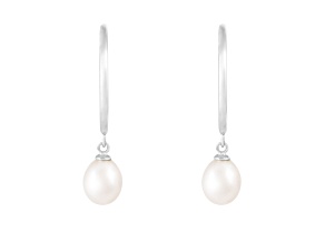 7-8mm White Cultured Freshwater Pearl Rhodium Over Sterling Silver Earrings