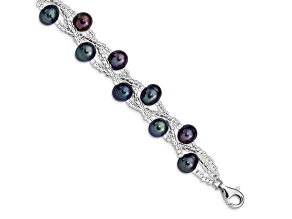 Rhodium Over Sterling Silver 7-9mm Black Freshwater Cultured Pearl And Glass Beaded Bracelet
