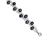 Rhodium Over Sterling Silver 7-9mm Black Freshwater Cultured Pearl And Glass Beaded Bracelet