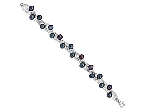 Rhodium Over Sterling Silver 7-9mm Black Freshwater Cultured Pearl And Glass Beaded Bracelet