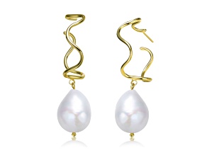 Genuine Freshwater Pearl, 14K Gold Plating over Sterling Silver Curvy Dangling Earrings