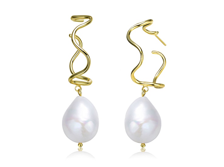 Genuine Freshwater Pearl, 14K Gold Plating over Sterling Silver Curvy Dangling Earrings