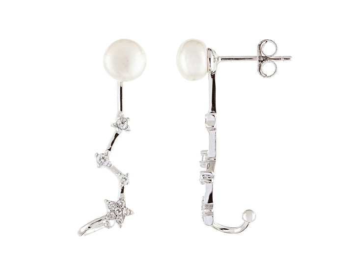 6-6.5mm White Cultured Freshwater Pearl and Cubic Zirconia Rhodium Over Sterling Silver Earrings